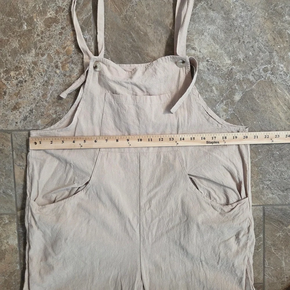 Womens Cotton Wide Leg Overalls Beige Neutral Relaxed Fit Bib Jumpsuit Large - Picture 2 of 9